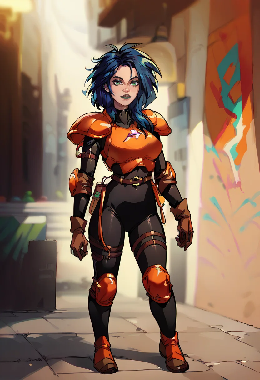 1girl, solo, full body, standing, orange armor, deep blue hair, black bodysuit, dark green eyes, brown gloves, dark lipstick, looking at viewer,( blurry background:0.8), <lora:Kylie_GriffinPony64:1>, <lora:Eva_Kiss_64:1>, score_9, score_8_up, score_7_up,