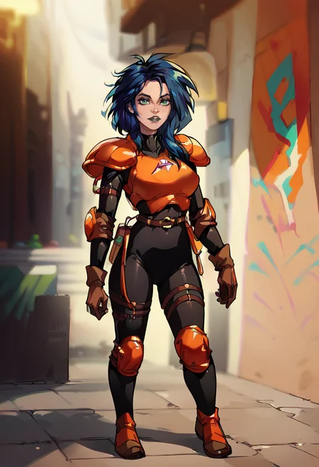 1girl, solo, full body, standing, orange armor, deep blue hair, black bodysuit, dark green eyes, brown gloves, dark lipstick, looking at viewer,( blurry background:0.8), <lora:Kylie_GriffinPony64:1>, <lora:Eva_Kiss_64:1>, score_9, score_8_up, score_7_up,