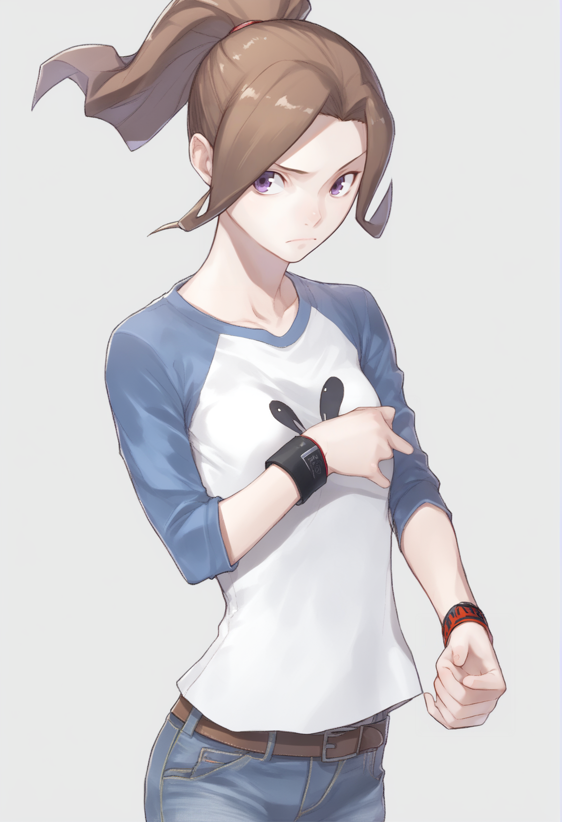 digimon, digimon tamers, makino ruki, 1girl, solo belt, brown hair, closed mouth, denim, jeans, pants, ponytail, purple eyes, raglan sleeves, shirt, short hair, wristband <lora:Yasuda Suzuhito STYLE:1>, score_9, score_8_up, score_7_up, score_6_up, score_5_up, score_4_up, BREAK source_anime, masterpiece