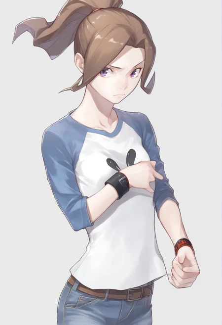 digimon, digimon tamers, makino ruki, 1girl, solo belt, brown hair, closed mouth, denim, jeans, pants, ponytail, purple eyes, raglan sleeves, shirt, short hair, wristband <lora:Yasuda Suzuhito STYLE:1>, score_9, score_8_up, score_7_up, score_6_up, score_5_up, score_4_up, BREAK source_anime, masterpiece