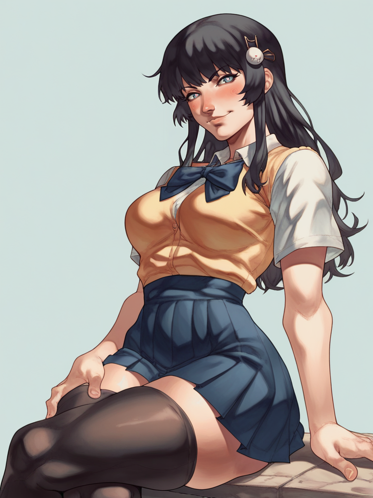 score_9, score_8_up, score_7_up, girl sitting in a bench, hands on thighs, long black hair, school uniform, skirt, black thighhighs, cute hair ornament, bright pupils, blush, medium breasts, (narrow waist:1.1), wide hips, thick thighs, looking at viewer, cowboy shot, dynamic pose, wide shot, solo, sexually suggestive, naughty face, blush, dutch angle,, crossed legs, 
 <lora:ANyoolie_Style:1>, NyoolieXL