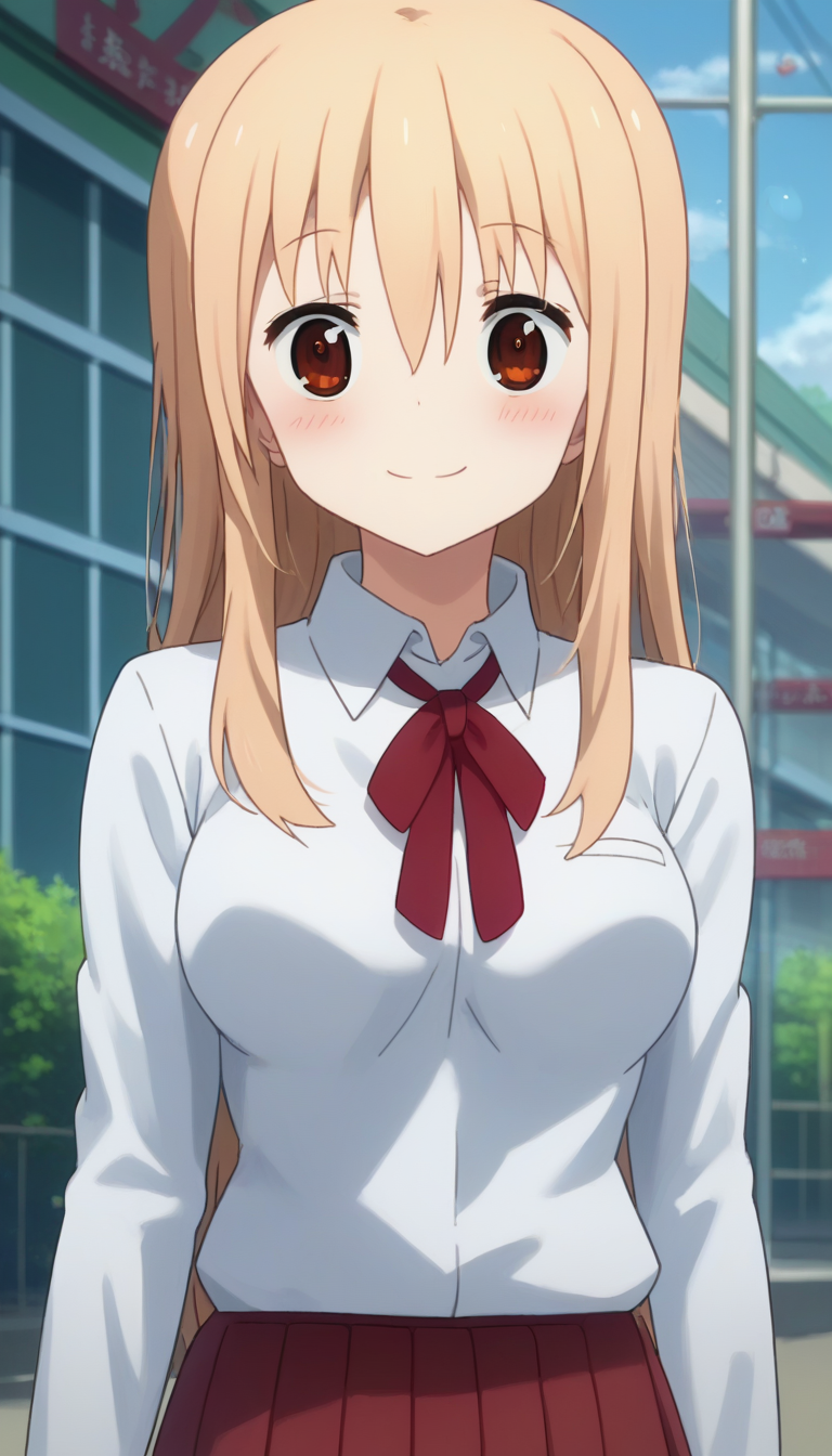 score_9,score_8_up,masterpiece,best quality,correct anatomy,anime_source,1girl,solo,perfect eyes,perfect arms,perfect legs,perfect face,outdoors,upper body,(portrait:1.5),looking at viewer,facing viewer,smile,blush,Doma Umaru,long hair,light brown hair,sidelocks,hair between eyes,bangs,brown eyes,school uniform,white shirt,collared shirt,dress shirt,red bowtie,neck ribbon,red ribbon,long sleeves,medium breasts,shirt tucked in,miniskirt,red skirt,pleated skirt,thighs,zettai ryouiki,black thighhighs,uwabaki,white footwear,<lora:Doma Umaru(huc)-Pony:1.8>,
