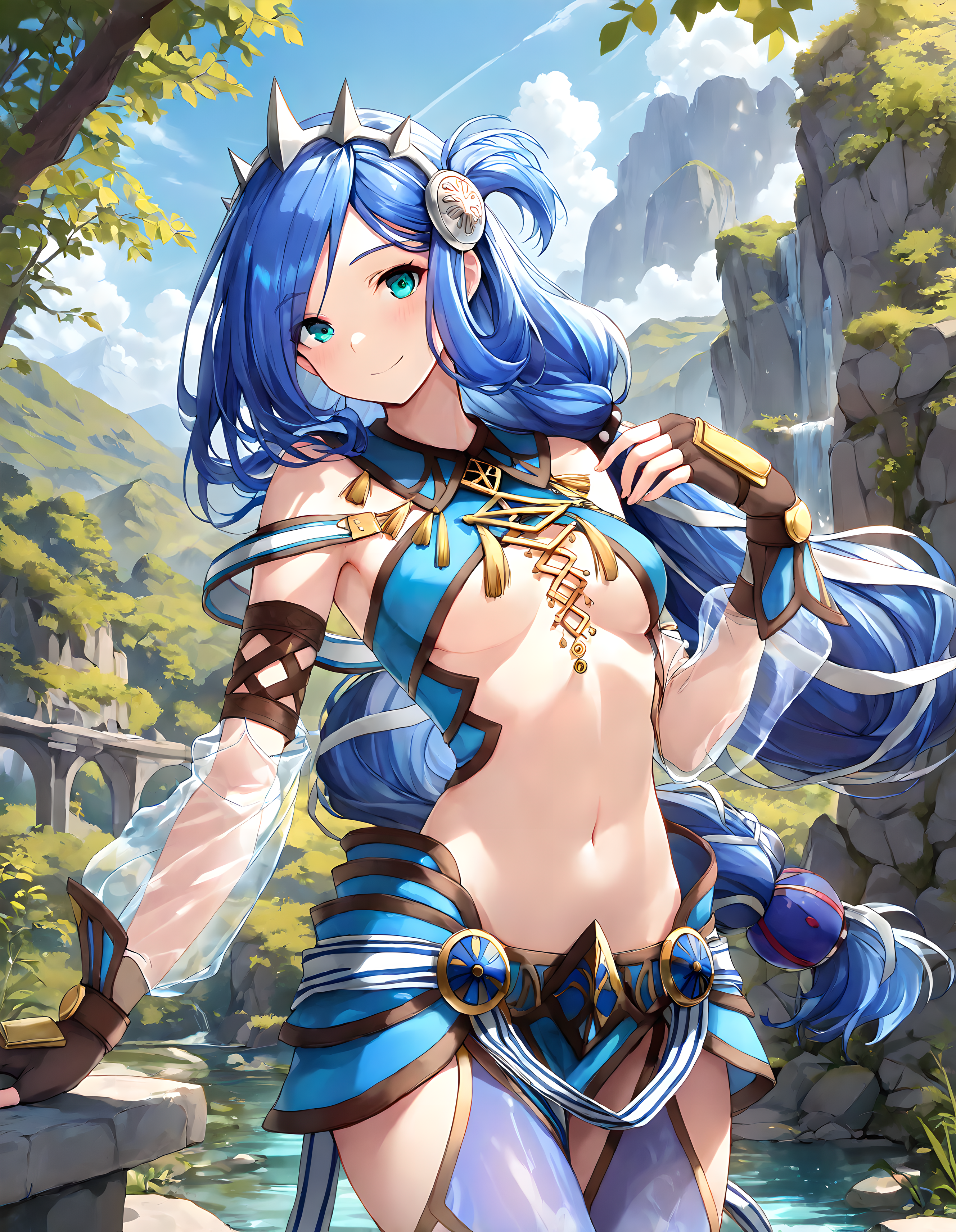<lora:illustrious_XL_dana_v2:0.8>,dana,masterpiece,best quality,good quality,1girl,solo,midriff,navel,transparent sleeve,fingerless gloves,transparent legwear,boots,day,nature,sky,remains,cowboy_shot,looking_at_viewer,smile,light_blush,