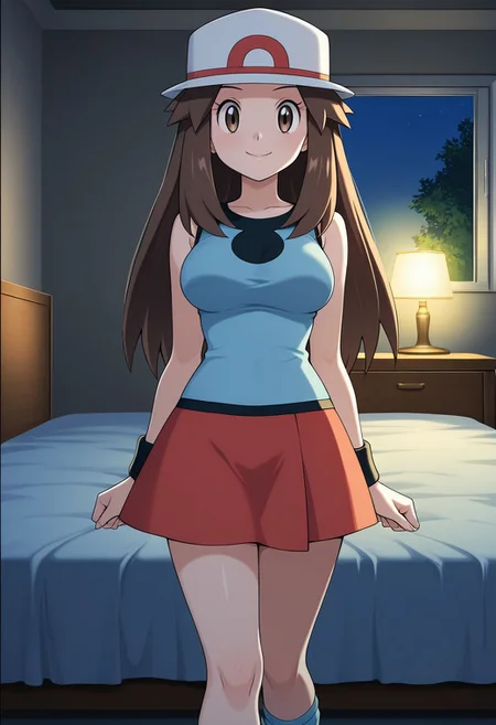 masterpiece, quality,worst, anime screencap,8k,4K, leaf (pokemon),1girl,solo,brown eyes, brown hair, long hair, long hair, hat, blue shirt, sleeveless, wristband, red skirt, blue socks, white footwear,,large breasts,smile, closed mouth,Interior, room, bed, dark room, window, night light,cowboy shot,lower body,