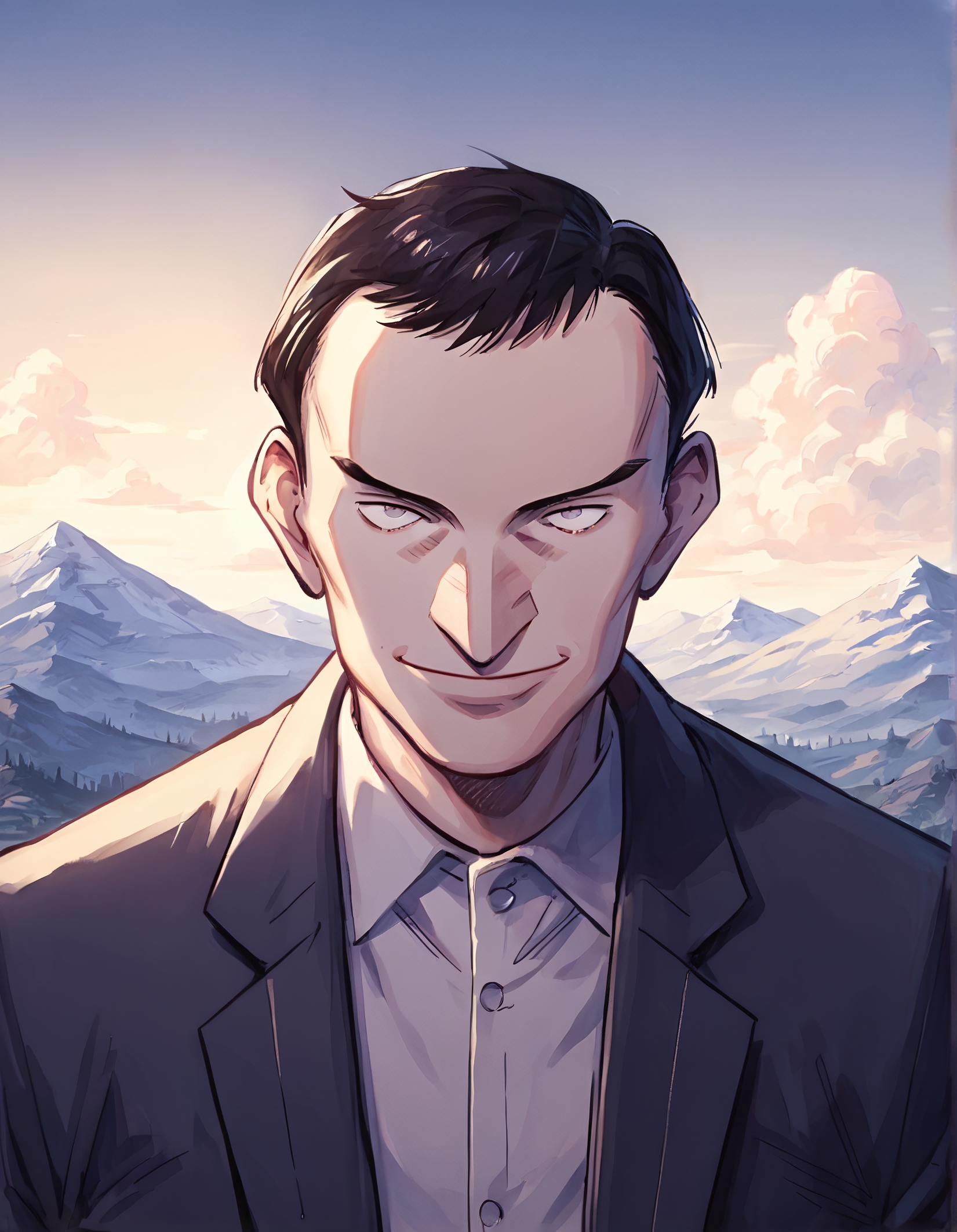 score_9, score_8_up, score_7_up,score_6_up,high resolution,source_anime,n4a0kistyle,heinrich lunge,1boy,mature male,baldin,short hair,black hair,jacket,suit,slight smile,mountains,volumetric lighting,rim lighting,dof,dramatic shadow,looking at viewer,upper body,dynamic pose,looking at viewer,pov,front view,laying down