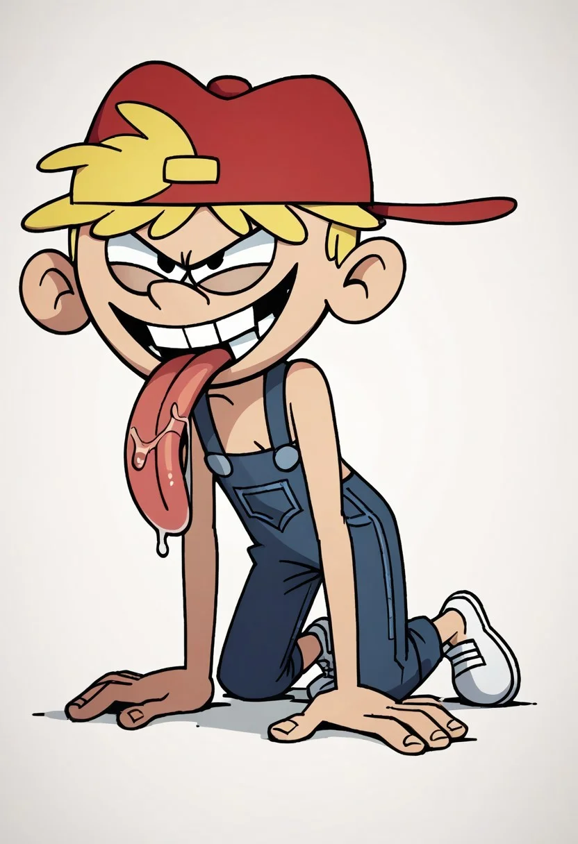 (score_9 | score_8_up | score_7_up) ((masterpiece:1))(best quality,very high quality,ultra detailed:1.2) (2D,cartoon style,anime style)(Smooth:2)(clean blurring) (four fingers on each hand,one thumb on each hand:1), Leif Loud, solo, 1boy, Blonde hair, missing teeth, red baseball cap facing backwards, blue overalls, white shoes, runaway brain, monstrous look, sexy grin, exagerated features, aggressie expression, hunched, menacing, sharp teeth, full body, long tongue, saliva, hunched over, all fours,