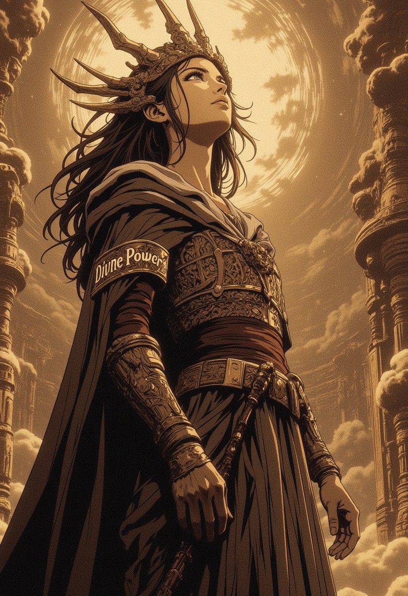 ne0nfant4sy, A sepia photograph of a close-up, low-angle view of a mythical goddess in an ethereal, ancient setting. She gazes upwards, her expression conveying strength and mystery. The background is adorned with subtle, swirling patterns reminiscent of clouds and stars, all in muted golden and bronze tones, adding to the mythic ambiance. Delicate details in her attire reflect intricate, ancient designs, with soft light emphasizing her serene but powerful presence. With the text "Divine Power" subtly integrated along the edge of her cloak.