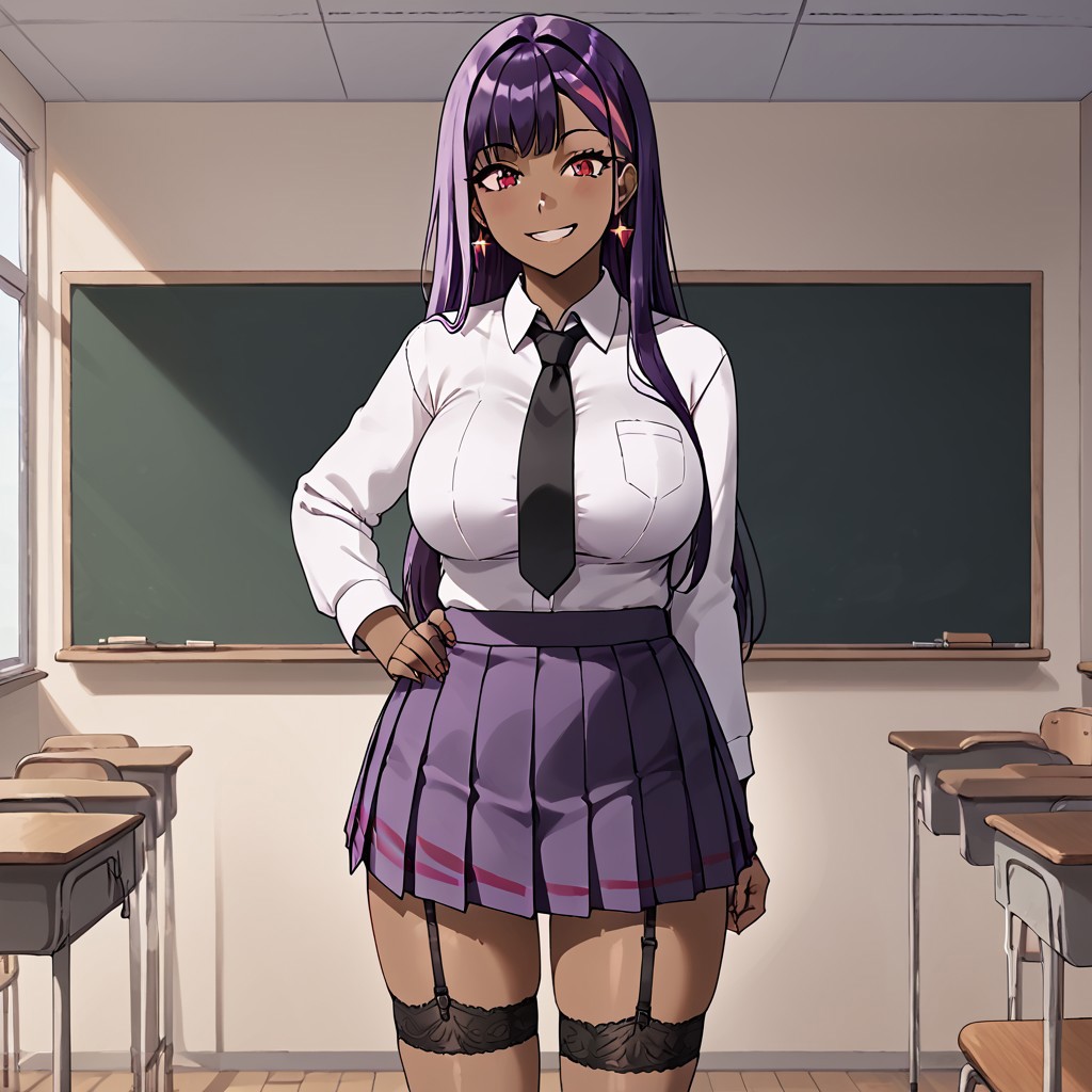 1dark skinned woman, dark-skin, smiling, cute, petite, school uniform, black tie, short purple shirt, short pleated purple skirt, purple hair, red streak, long hair, bangs, drop earrings, garter belt, red eyes, giant breasts, average ass, classroom, full body