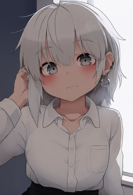 masterpiece, hyper detailed, best quality,(furry:1.3),solo, 1girl, shirt, white shirt, looking at viewer, white background, grey eyes, long sleeves, hair between eyes, simple background, upper body, collared shirt, white hair, closed mouth, jewelry, bangs, ahoge, earrings, dress shirt  ,<lora:DAGASIXLlokr8f-000188:0.95>