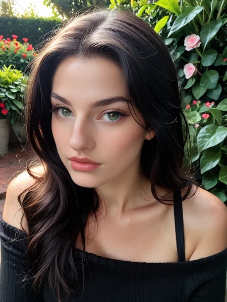 Score_9, score_8_up, score_7_up, bignoselady, large nose, aquiline, <lora:Big_Nose_Ladies:1.3>, 1girl, solo, long hair, black hair, lips, realistic, bare shoulders, garden background, parted lips, angled profile