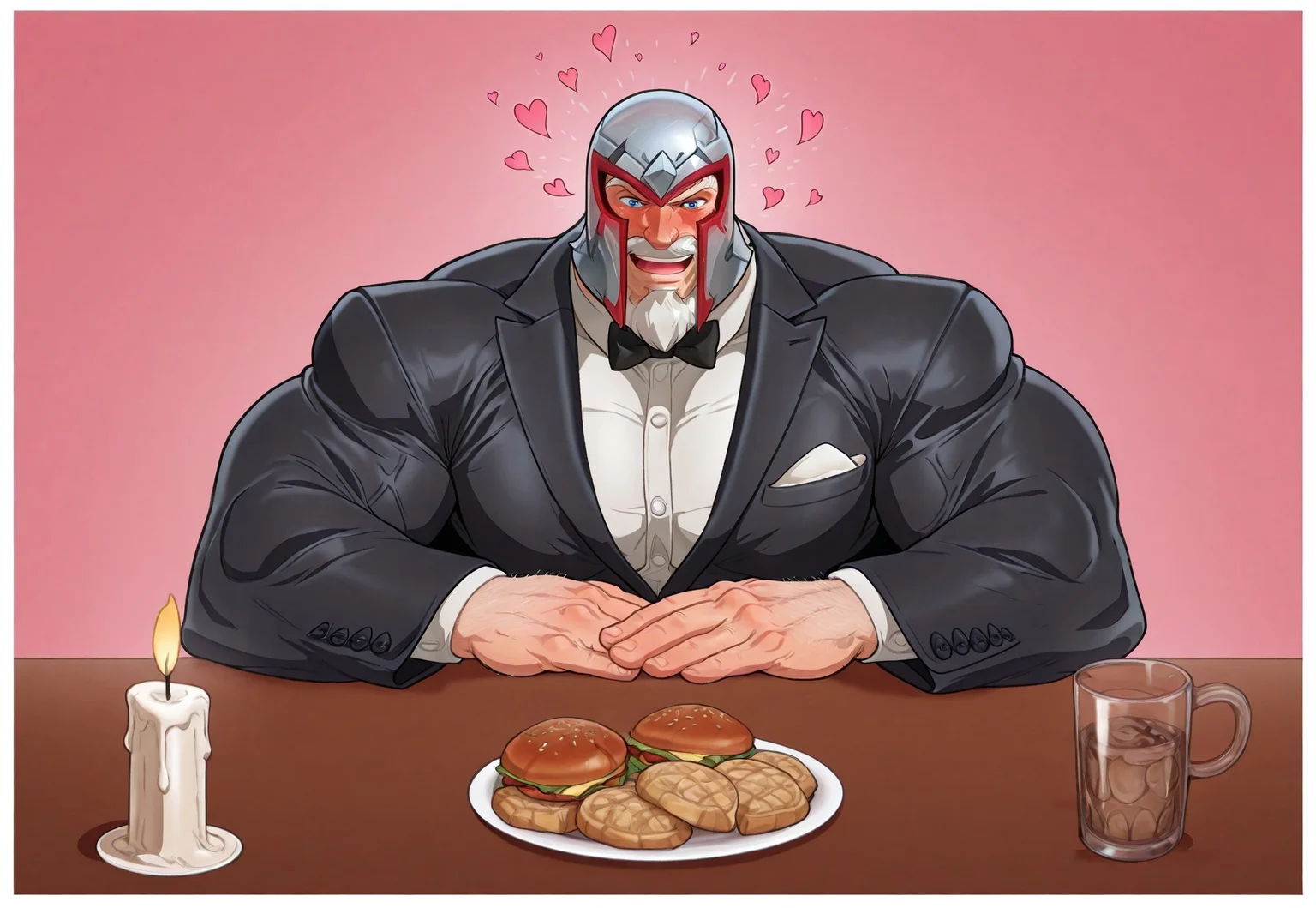 masterpiece, best quality, newest, absurdres, highres, Diz_D00dz, white borders around characters, soft light, pink colour background, hearts, table, food on table, candle on table, BREAK bara, muscular, 1man, male focus, male, male focus, 1boy, MagnetoMR, mature man, wrinkles, blue eyes, gray hair, facial hair, gray beard, mustache, frowning eyebrows, metal helmet, {{beefy}}, {{muscular}}, {{large}}, blushing, open mouth, speaking, smiling, happy face, sits, sits at the table, looking at the viewer, formal wear, white shirt, jacket, amazed look,