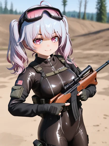 detailed background, shiny skin, posing, rating safe,
<lora:nanako.pony:1>,
nanako,
medium breasts,
battle suit,
pink hair, twintails,
holding rifle, tactical goggles, aiming viewer, smirk,