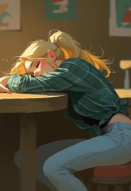 score_9, score_8_up, score_7_up, score_6_up, score_5_up, score_4_up, manga, girl, Tied hair, black shirt, dismal, gloomy, face clearly visible, dutch angle, semi-realism, noise effect, sharp details, safe_pos, VHS,
BREAK
girl in knotted shirt, 1girl, denim, shirt, torn pants, jeans, pants, blonde hair, freckles, plaid shirt, mole, torn clothes, mole under eye, ponytail, torn jeans, long hair, bar background, dust, American, sitting on stool chair, cowgirl, beautiful, attractive woman, semi-realistic, depth of field, realistic, sleeping, closed, drunk, blushing, head rest on arms, sleeping on table, fainted, unconscious, strings,