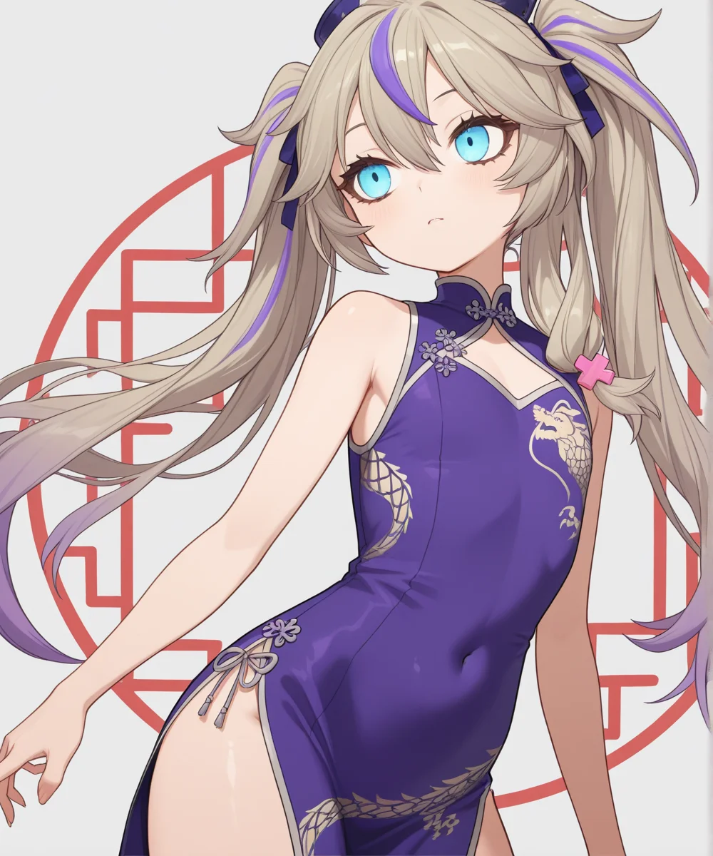 kasukabe_tsukushi,flat chest,Long eyelashes,Lower eyelashes,purple mesh bangs,Flaxen Hair,blue eye,china dress,cowboy shot,<lora:kasukabe_tsukushi:1>,