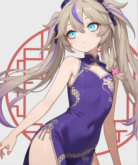 kasukabe_tsukushi,flat chest,Long eyelashes,Lower eyelashes,purple mesh bangs,Flaxen Hair,blue eye,china dress,cowboy shot,<lora:kasukabe_tsukushi:1>,