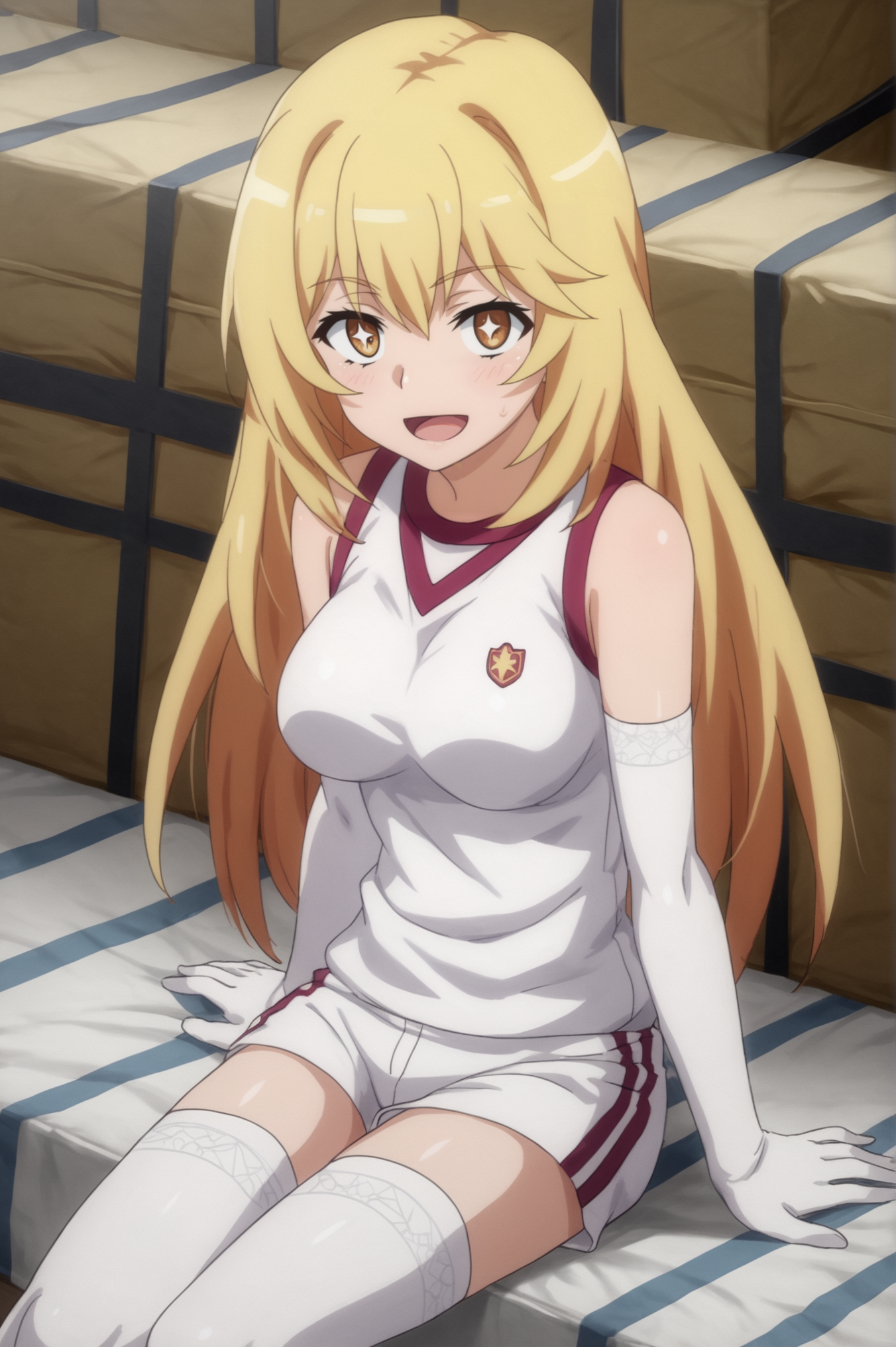 <lora:Misaki_Shokuhou:0.7>,  Misaki Shokuhou, 1girl, solo, breasts, looking_at_viewer, smile, open_mouth, shirt, gloves, thighhighs, bare_shoulders, sitting, white_shirt, shorts, sleeveless, indoors, elbow_gloves, white_gloves, star_\(symbol\), white_thighhighs, sleeveless_shirt, short_shorts, bright_pupils, knee_up, gym_uniform, white_shorts, emblem, gym_shirt, sparkling_eyes, gym_shorts, spider_web_print, gym_storeroom, school_emblem <lora:sdxl_lightning_4step_lora:1>