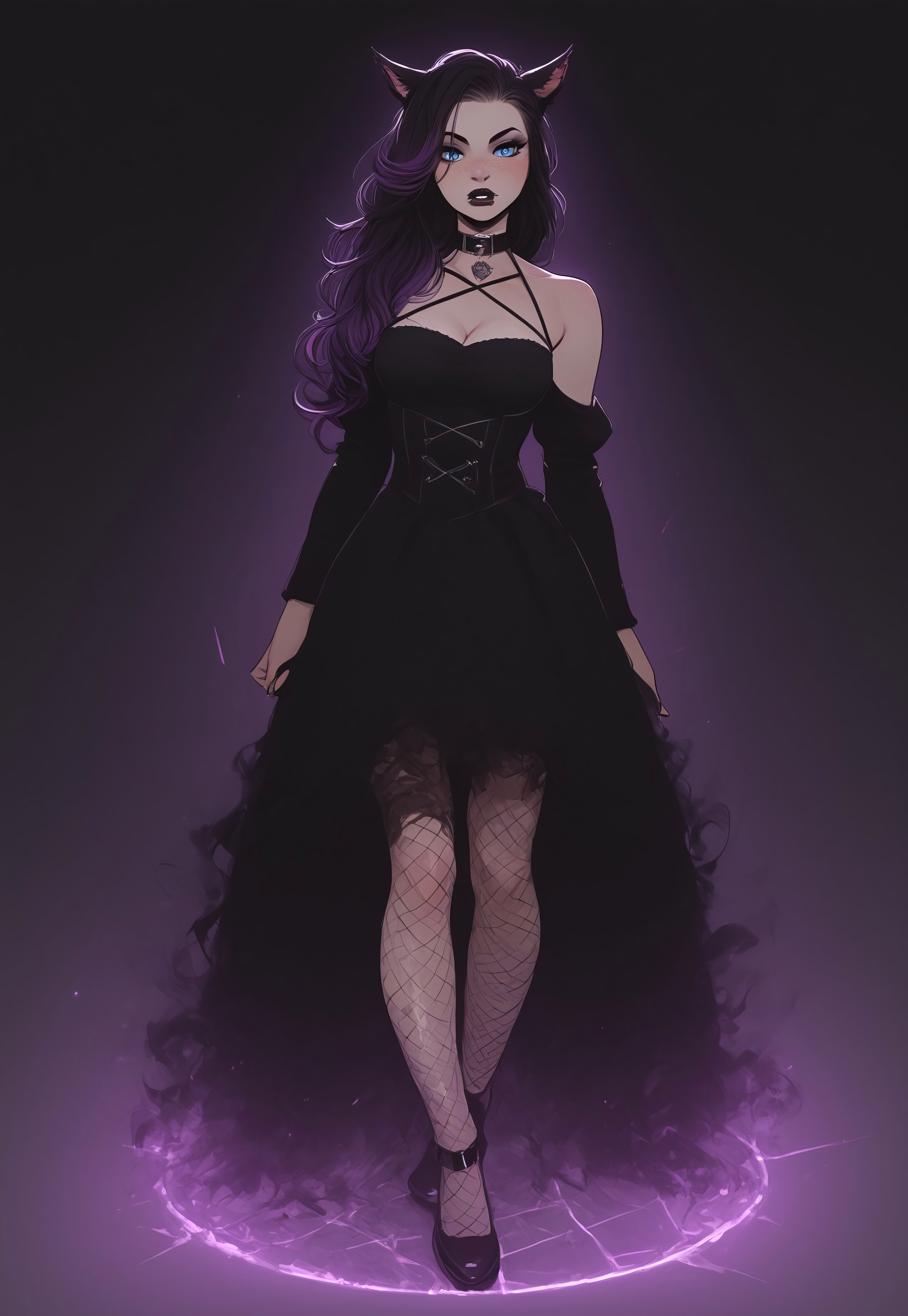 safe_pos, score_9,score_8_up,score_7_up,score_6_up, Goth girl 1girl, Goth girl, miqo'te, FemmeMiq, cat girl, cat ears, animal ears, animal ear fluff, ((woman with long black hair with purple highlights)), bangs, freckles, bold makeup, black lips, long eyelashes, eyeliner, ((large expressive blue eyes)), hourglass figure, medium breast, perky breast, perfect round ass, dark eyeliner, long eyelashes, dark pupils, high contrast shadows, high res image, masterpiece, dynamic shot, <lora:Expressive_H:0.65>, <lora:incase-ilff-v3-4:0.5> <lora:g0th1cPXL:0.45>, <lora:princess_pony_v1:0.1> <lora:Branwen_QBR:0.7>, high gradient eyes, eyesHD, dynamic pose, dynamic, detailed eyes, high definition eyes, amazing quality, wallpaper, looking at viewer, full body, goth clothes, choker, high shoes, fishnet, gothic castle, gothic scenery, tim burton scenery, twilight, 