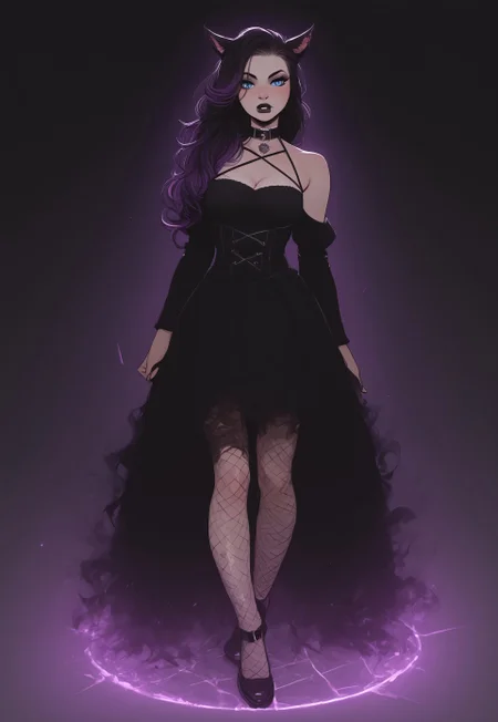 safe_pos, score_9,score_8_up,score_7_up,score_6_up, Goth girl 1girl, Goth girl, miqo'te, FemmeMiq, cat girl, cat ears, animal ears, animal ear fluff, ((woman with long black hair with purple highlights)), bangs, freckles, bold makeup, black lips, long eyelashes, eyeliner, ((large expressive blue eyes)), hourglass figure, medium breast, perky breast, perfect round ass, dark eyeliner, long eyelashes, dark pupils, high contrast shadows, high res image, masterpiece, dynamic shot, <lora:Expressive_H:0.65>, <lora:incase-ilff-v3-4:0.5> <lora:g0th1cPXL:0.45>, <lora:princess_pony_v1:0.1> <lora:Branwen_QBR:0.7>, high gradient eyes, eyesHD, dynamic pose, dynamic, detailed eyes, high definition eyes, amazing quality, wallpaper, looking at viewer, full body, goth clothes, choker, high shoes, fishnet, gothic castle, gothic scenery, tim burton scenery, twilight, 