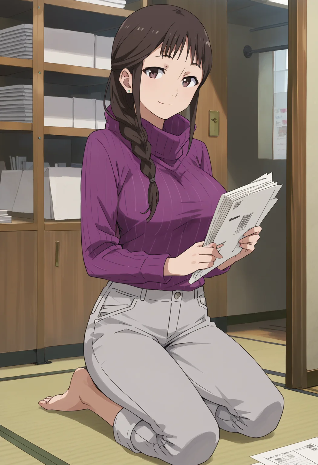 <lora:segawamisato_ponyV2_new6:1>segawamisato, 1girl, solo, hair over shoulder, long hair, brown hair, stud earrings, grey pants, single braid, black eyes, purple sweater , large breasts, kneeling, looking at viewer, smile, (holding document:1), barefoot, ribbed sweater,kraft paper,tatami,, , score_9, score_8_up, score_7_up, score_6_up, score_ANIME,