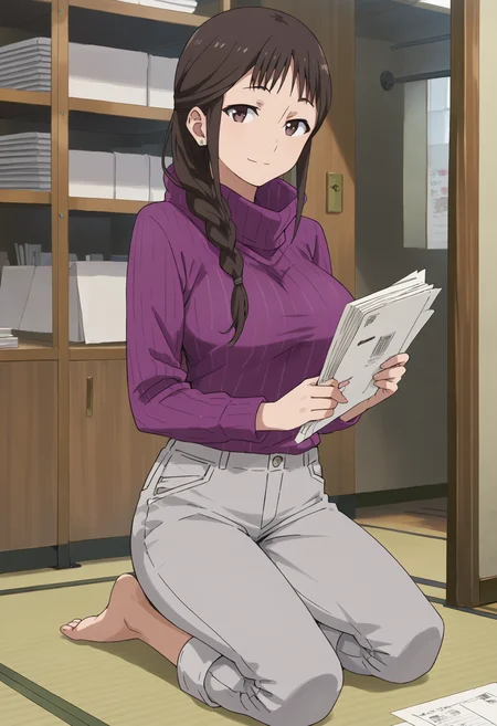 <lora:segawamisato_ponyV2_new6:1>segawamisato, 1girl, solo, hair over shoulder, long hair, brown hair, stud earrings, grey pants, single braid, black eyes, purple sweater , large breasts, kneeling, looking at viewer, smile, (holding document:1), barefoot, ribbed sweater,kraft paper,tatami,, , score_9, score_8_up, score_7_up, score_6_up, score_ANIME,