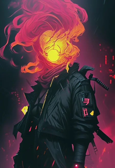 high-contrast palette, subtle grain, timeless feeling, cinematic quality, modern art photograph, cells woman wearing a black suit with a black shirt with a black vest with a black necktie, burning-head, Create a close-up image of a cyberpunk assassin with translucent yellow and dark-red burning-head, her long, disheveled long translucent ethereal hair blows in the wind, ethereal billowing hair,