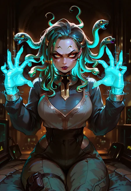 Rating_sfw, mature woman,dynamic hands hacking pose, extra four holographic hands, holographic hacking screens, cyberwear, cyberpunk, humanoid , cybernetic enhancement, serpent themed , oversized clothes, cargo pants, dark clear skin, Egyptian themed lap, ((cute face)), innocent face, pretty face, eyes, detailed eyes, long eyelashes, eyeliner, gorgon,glitching hair, ,(ar-glitch holographic Snake hair, snake, snake_hair,)) , , eyes, glowing snake, charismatic, curvy, aesthetic, ((perfectly robotic hair, snake hair)), thick lips, full lips, skinny, (slim build), small waist, big breasts,, beautiful detailed face, small face, beautifully complex colored iris, ), enchanting, looking at the viewer,