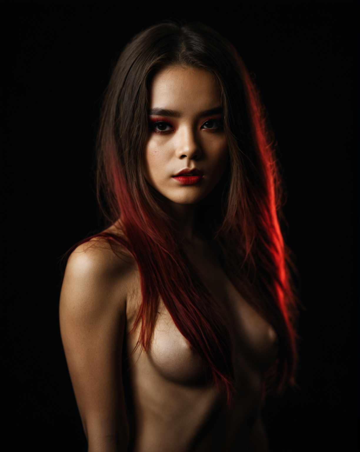 1girl, long hair, low light, dramatic lighting, darkness, eye lighting, smoke, red light, shallow depth of field, vignette, highly detailed, high budget, bokeh, cinemascope, moody, epic, gorgeous, film grain, grainy
