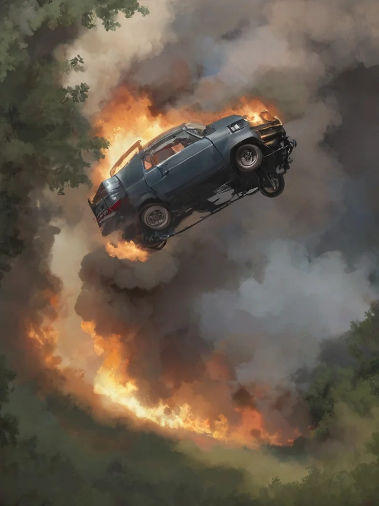 ptm-no2, a burning car on top of a tree, deep shadows, <lora:- SDXL - ptm-no2_style_V1.0:.8>