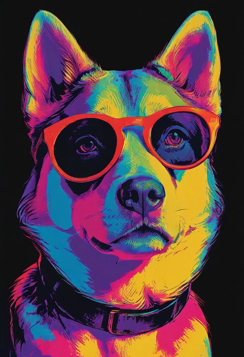 impactful color paint of, a husky puppy wearing dark sunglasses, highly detailed, vibrant colors , 8k, sharp, professional, clear, high contrast, high saturated, , vivid deep blacks, crystal clear