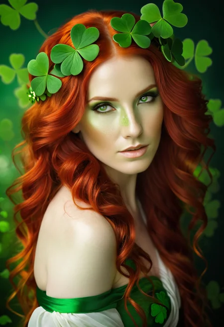 Gorgeous Woman with alabaster skin,bright red flowing locks, getting dressed for saint Patrick's day. Saint Patrick's Day and Celtic culture fantasy twist by beutiful woman, bright greens with pops of four leaves clovers, lustfull deep gaze, soft lighting highlighting delicate facial features echoing a wanton wain for ecstace with a hint of  Nihilcore celtic aesthetics