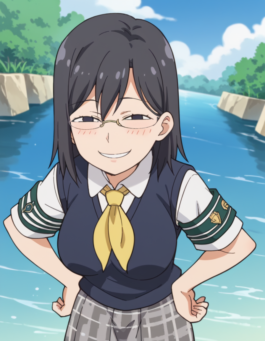 score_9, score_8_up, score_7_up, source_anime, <lora:mii-konori-s1-ponyxl-lora-nochekaiser:1>, mii konori, short hair, black hair, black eyes, glasses, hair between eyes, mature female, anime screencap,, skirt, school uniform, plaid skirt, armband, sweater vest, neckerchief, yellow neckerchief, green armband, pleated skirt,, well, water, stone, old, deep, , <lora:anyas-heh-face-ponyxl-lora-nochekaiser:1> anyas heh face, anya's heh face (meme), smile, smug,, blush, leaning forward, bent over, hands on own hips, cowboy shot, looking at viewer, solo,, dutch angle, cowboy shot