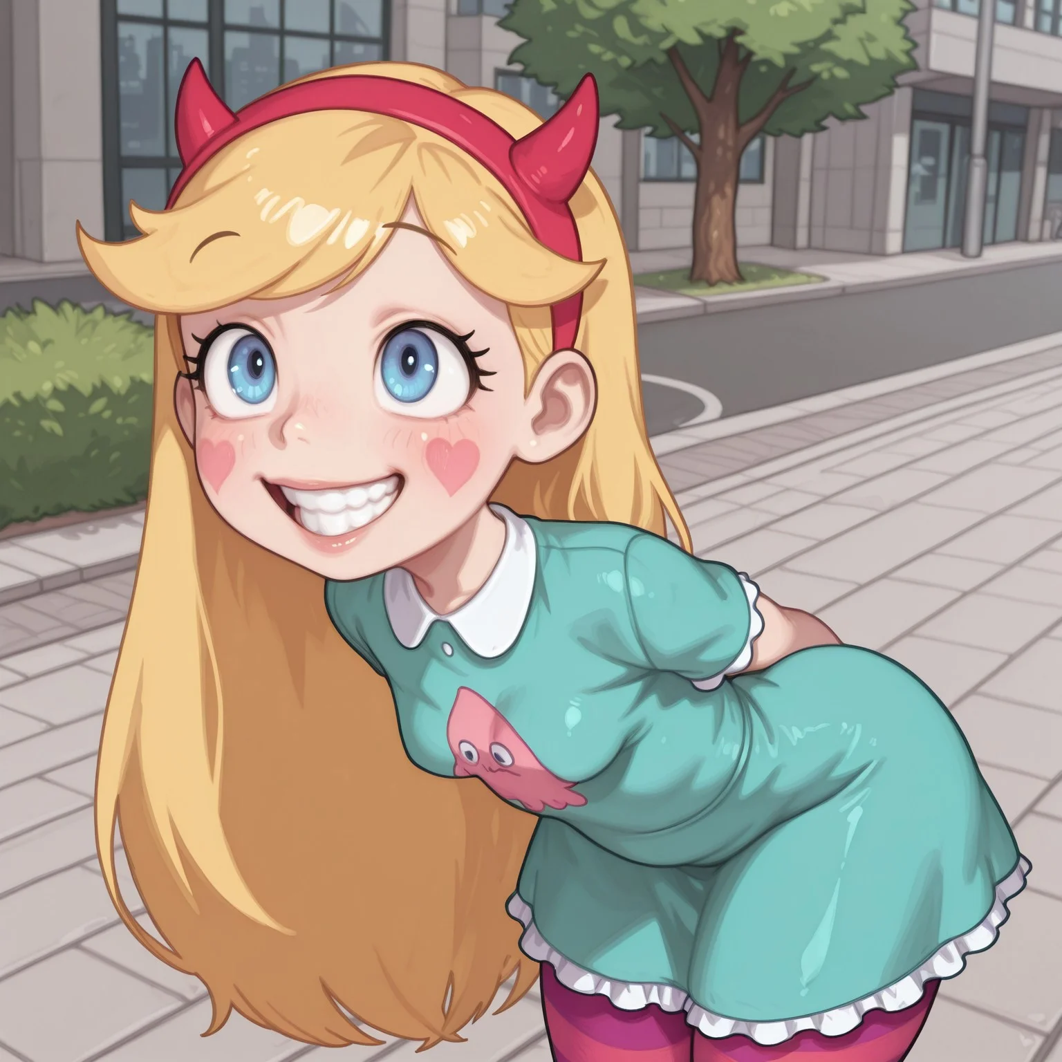safe_pos, safe_pos, score_9, score_8_up. score_7_up, masterpiece, detailed nose, detailed lips, perfect face, young face,perfecteyes,1 girl, (covered small breasts) ,solo, star butterfly, 1girl, blonde hair, horned headwear, hairband, long hair, solo, heart marks on cheeks, blue eyes, facial mark, very long hair,(teal dress),(((purple and orange striped pantyhose))), blush stickers,standing,sidewalk,asphalt street, tree,grass,city,afternoon,looking around,((angle)),((wide grin)),glossy pink lips,(wide open eyes),open mouth,far view,smile,teeth,flat stomach,(pink squid on dress),fingernails,white frill,thick thighs,one hand waving, bent over sideways,one hand behind back,close up
