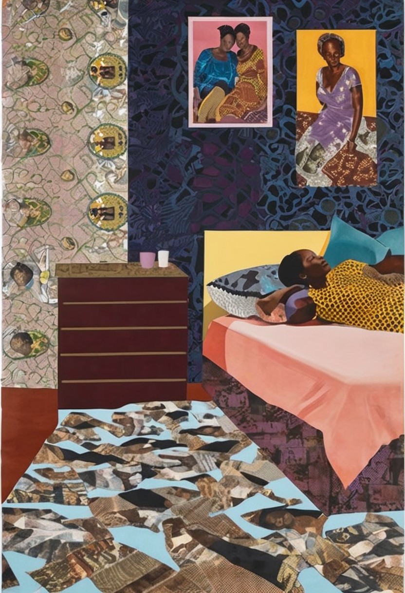 Illustration in the style of Njideka Akunyili Crosby, a bedroom interior with a woman reclining, surrounded by magazine clippings, lace curtains, and vibrant textile overlays.