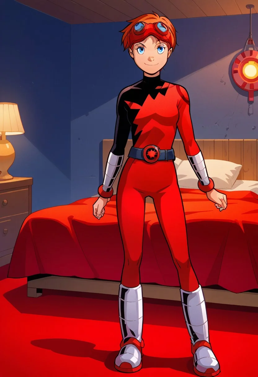 score_8, score_8_up, score_7_up, source_anime, anime screenshot,  1girl, female focus, solo, Future_Julie, red hair, short hair,  goggles, goggles on head, blue eyes, turtleneck, Power Pack uniform, asymmetrical clothes, LS_logo, print bodysuit, red bodysuit, black bodysuit, bracers, metal bracers, belt, metal boots, full body, smile, looking at viewer, standing, arms at side, indoors, bed, bedroom, wall, floor, nightstand, lamp, night,