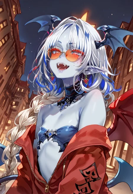 score_9, score_8_up, score_7_up, score_6_up, score_5_up, Stable_Yogis_PDXL_Positives, freng, Asanagi,
streaked hair, long hair, parted bangs, single braid, lace turtleneck, bare shoulders, open jacket, long sleeves, off shoulder, sweatpants, orange round sunglasses, tinted eyewear, contrapposto, dutch angle, smug, open mouth, fangs, from below, city, night, (Beautiful) mature female,
BREAK
(score_9, score_8_up, score_7_up), (Masterpiece), (expressive eyes), 1girl, Expressiveh,
Devil, colored skin, (blue_skin:1.8), leathery wings, prehensile tail, spade-tipped tail, head wings, pointy ears, flat chest,
<lora:MGE_V5.1:0.5>