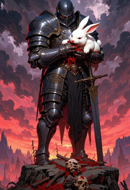 Image is a dark fantasy artwork featuring a cute white bunny with blood around its mouth attacking a heavily armored knight. He stands poised on jagged, rocky terrain overlooking a vast, ethereal landscape bathed in a sinister glow of red and purple hues. Bones littering the field. The bunny tearing into his armor around his neck. He tries to grasp the bunny with both hands to defend himself.  stormy atmosphere, otherworldly landscape, intricate armor, epic scale, dramatic lighting, mystical power, high detail. mythp0rt, 