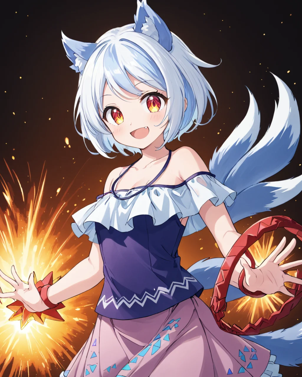mitsugashira enoko,1girl, explosion, tail, solo, open_mouth, fang, smile, horns, explosive, duel_monster, off_shoulder, bare_shoulders, frilled_dress, skirt
<lora:mitsugashira_enoko_image296_2023-12-20-000030:1>,star-shaped_pupils,symbol-shaped_pupils,. gorgeous,key visual, vibrant, studio anime,award-winning, professional, highly detailed,high budget, cinemascope