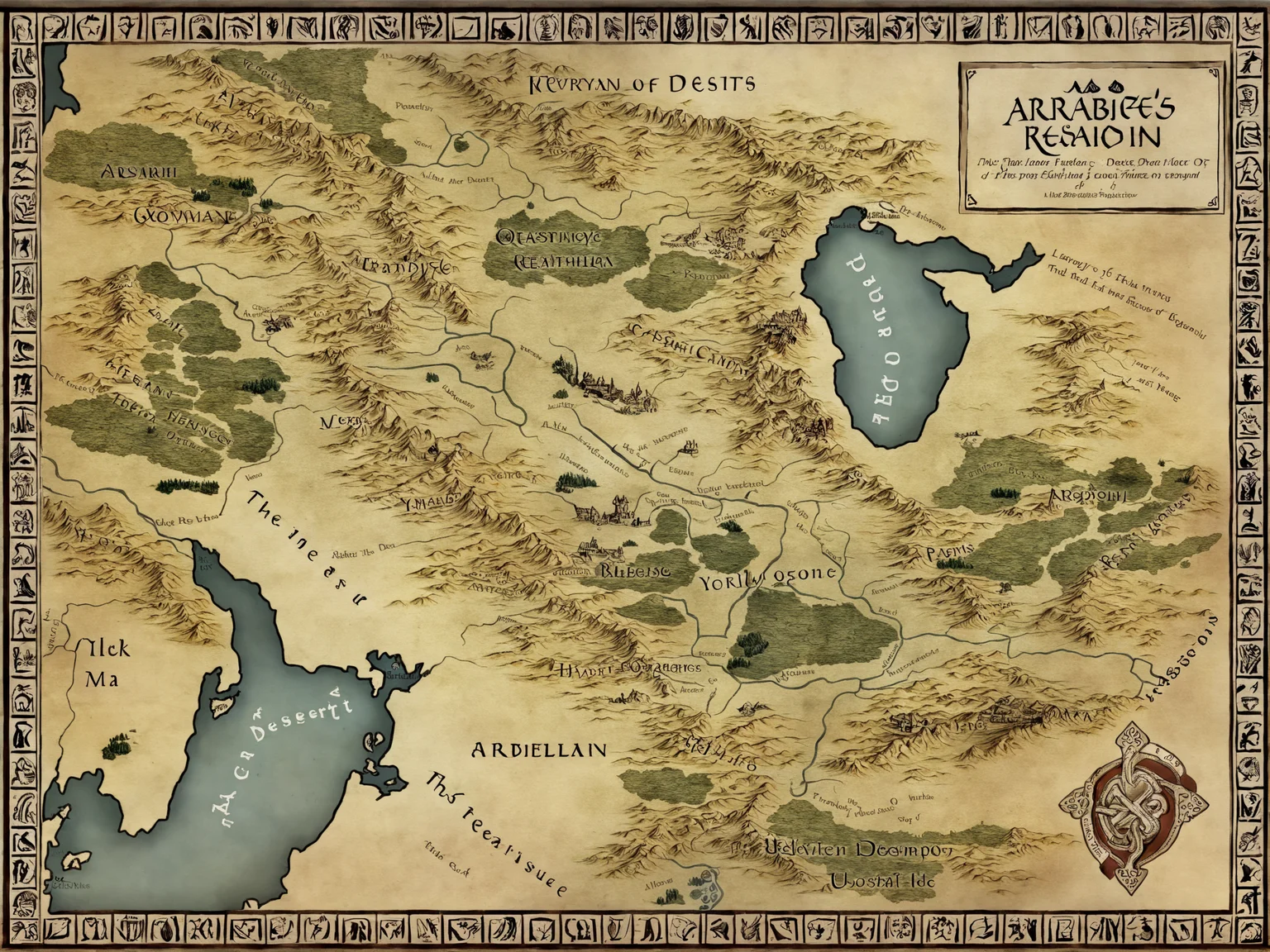 fantasy map of an arid desert region, arabesque, persian aesthetics <lora:fantasy map-medium:0.7>