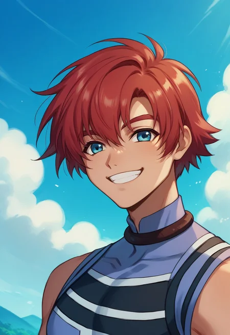 score_9, score_8_up, score_7_up, source_anime, highly detailed,
reidhershel, solo, male focus, 1boy, red hair, blue eyes,
smile, grin, portrait,
outdoor, sky