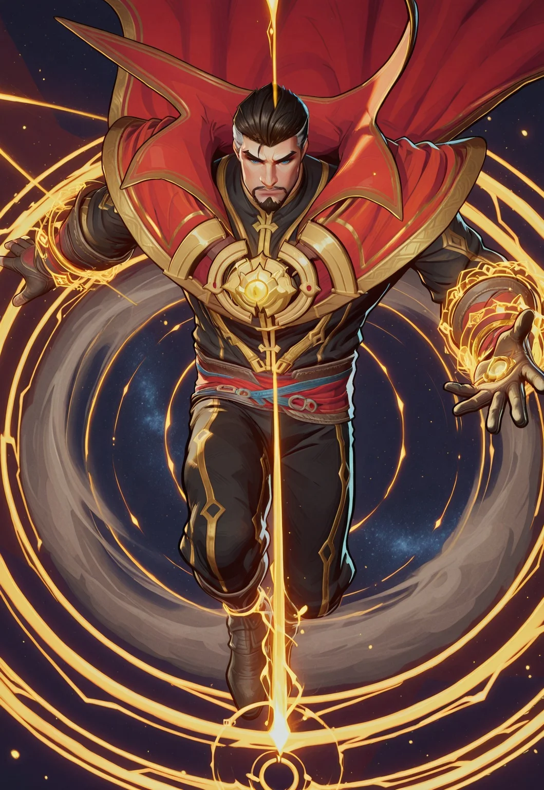 solo, masterpiece, detailed, ultra hd, best quality, 1boy, male, official art, w0lfc0nf, modern, new, masculine face, daddy looking face
MRivalsDoctorStrange, short hair, facial hair, black outfit with gold accents, red cape, gloves, view from above, levitating, magic circles, detailed, magical background, yellow energy beam, laying down, horizontal, stardust, dust, sparkles, shimmering energy, magical