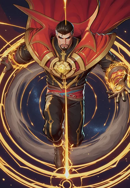 solo, masterpiece, detailed, ultra hd, best quality, 1boy, male, official art, w0lfc0nf, modern, new, masculine face, daddy looking face
MRivalsDoctorStrange, short hair, facial hair, black outfit with gold accents, red cape, gloves, view from above, levitating, magic circles, detailed, magical background, yellow energy beam, laying down, horizontal, stardust, dust, sparkles, shimmering energy, magical