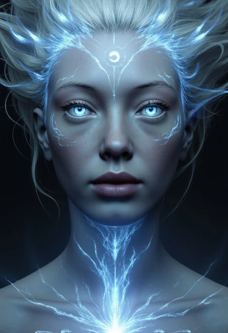(in Boris Vallejo style:1.4), (masterpiece:1.2) A mysterious female entity with skin like moonlit marble stares forward, her piercing, silver-flecked eyes framed by long, dark lashes that add intensity to her gaze. Her face is flawless, with sharp cheekbones and full, slightly parted lips that shimmer with a soft, otherworldly light. Ethereal symbols, glowing faintly, curve across her forehead and temples, suggesting ancient magic. Flowing, silver hair surrounds her, blending with a nebula-like aura that radiates a gentle, silvery-blue light. Soft wisps of mist curl around her shoulders, accentuating her enigmatic presence. (hyperdetailed facial symbols and glowing aura:1.1), (intricate eye reflection and misty aura:1.1), (Refined mystical atmosphere:1.1), (best quality:1.1), (high resolution:1.2)