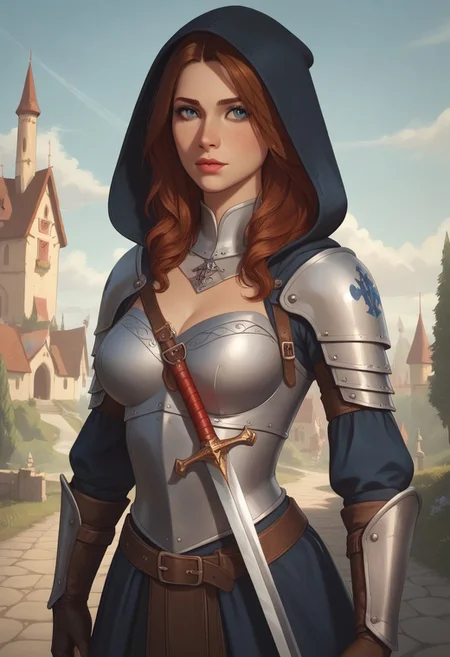 8k resolution, score_9, score_8_up, score_7_up, 22 years, Expressiveh, medieval fantasy, single a sexy brown hair blue eyes girl, big perfect breasts, perfect face, long and hourglass body, detailed eyes, semi realistic, girl heavy armor, sheathed sword, standing, medieval fantasy castle armory, hood