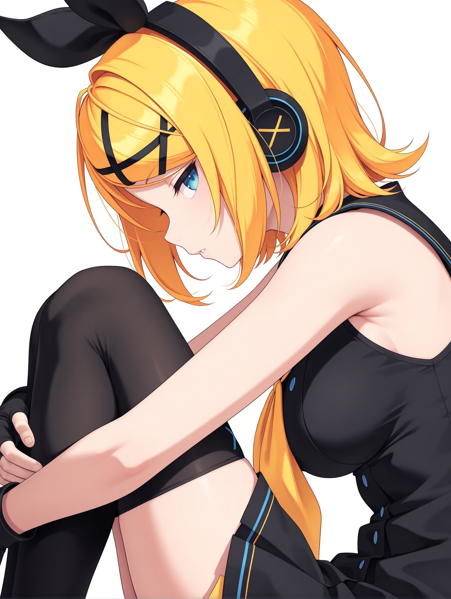 masterpiece,best quality,newest,
1girl,solo,
medium breasts,<lora:s_k_rim_ilxl_v1.0:1>,h_b,hair bow,h_p,headphones,rin,x hair ornament,swept bangs,blonde hair,blue eyes,short hair,r_clothes,sblack sailor collar,yellow neckerchief,sleeveless dress,black short dress,fingerless gloves,black_thighhighs,
<lora:Fixhands_anime_bdsqlsz_V1:1>,upper_body,sideways_glance,looking_at_viewer,white_background,simple_background,profile,parted lips,tie,hugging own legs,narrowed eyes,expressionless,
