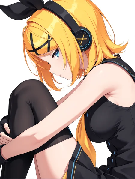 masterpiece,best quality,newest,
1girl,solo,
medium breasts,<lora:s_k_rim_ilxl_v1.0:1>,h_b,hair bow,h_p,headphones,rin,x hair ornament,swept bangs,blonde hair,blue eyes,short hair,r_clothes,sblack sailor collar,yellow neckerchief,sleeveless dress,black short dress,fingerless gloves,black_thighhighs,
<lora:Fixhands_anime_bdsqlsz_V1:1>,upper_body,sideways_glance,looking_at_viewer,white_background,simple_background,profile,parted lips,tie,hugging own legs,narrowed eyes,expressionless,