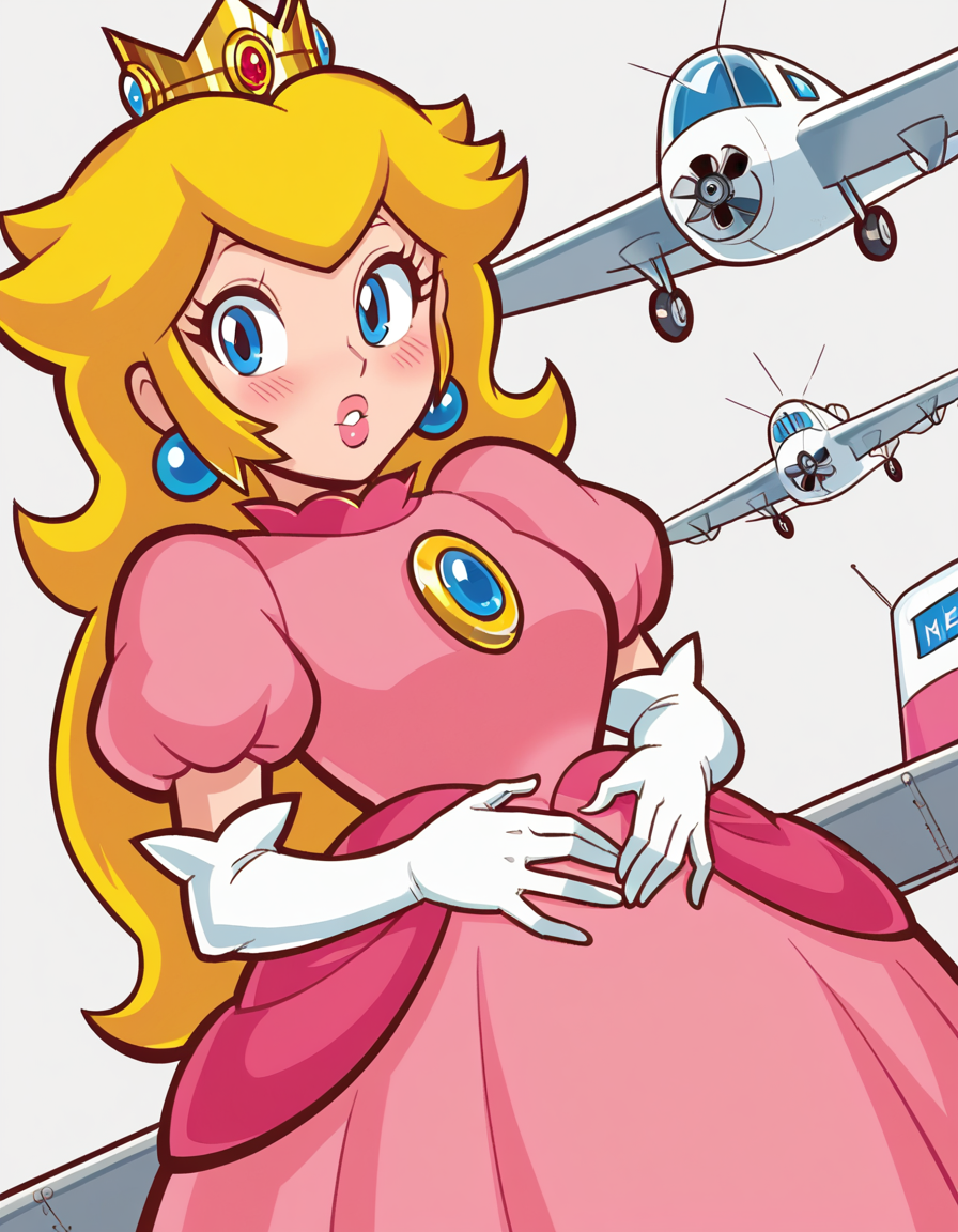 score_9, score_8_up, score_7_up, source_anime, <lora:super-princess-peach-ingame-ponyxl-lora-nochekaiser:1>, princess peach, blonde hair, blue eyes, long hair,, crown, dress, gem, gloves, pink dress, puffy short sleeves, puffy sleeves, short sleeves, white gloves,, airport, planes, passengers, terminal, security, , hands on stomach, blush,, looking at viewer, solo,, dutch angle, cowboy shot