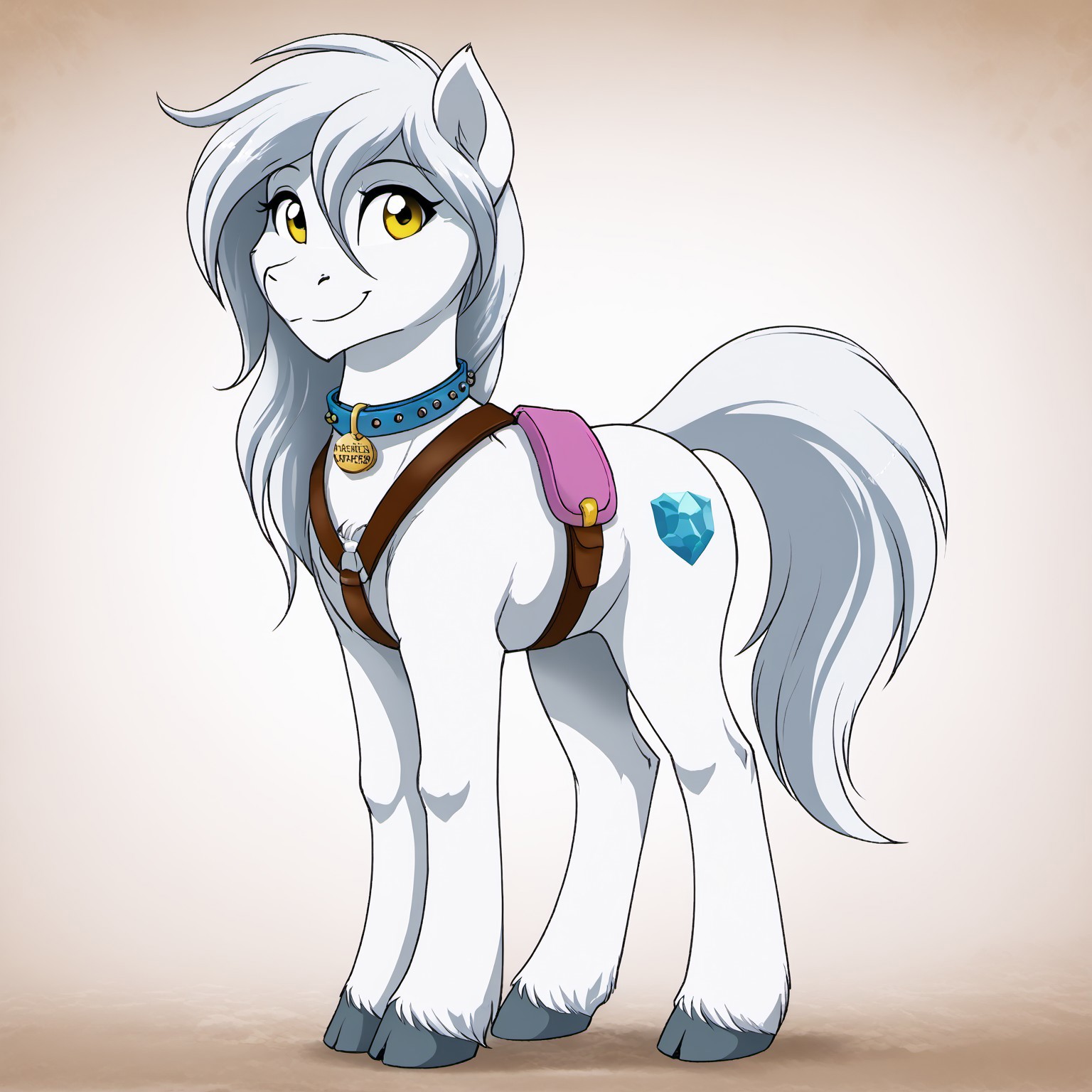 score_9, score_8_up, source_pony, masterpiece, best quality, good quality, highly detailed, absurdres, intricate details, detailed background, absurd res, beautiful, digital art, full body view, action view, ((Zaush, scappo)), beautiful, photograph, detailed, high detailed, very beautiful, detailed cute pony face, 
BREAK
solo, 1girl, ((raine-twokinds:1.2)) transformed into a earth pony female feral, yellow eyes, smile, white tail, white skin, white mane, ((body harness)), shiny dark brown leather collar, blue diamond collar tag, cute, wolf cutie mark, pink saddle bags with cutie mark, ((hooves)), 