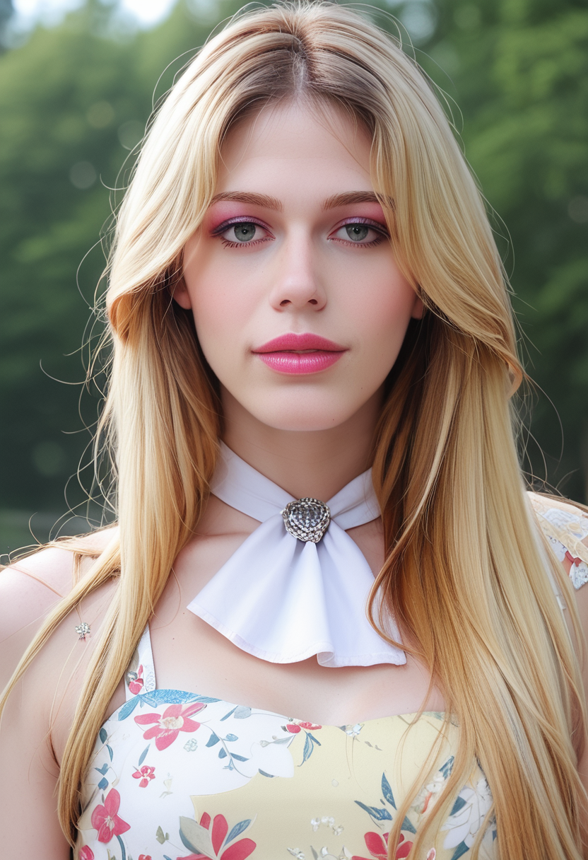 score_9, score_8_up, score_7_up, CarlaC4rd1ll3, Carla Cardille, <lora:CarlaC4rd1ll3-pony:1>, 1girl, makeup, lips, long hair, blonde, floral sundress, white ascot, portrait, solo, looking at viewer, bokeh, focus, film, velvia, artistic, best quality, photograph, focus