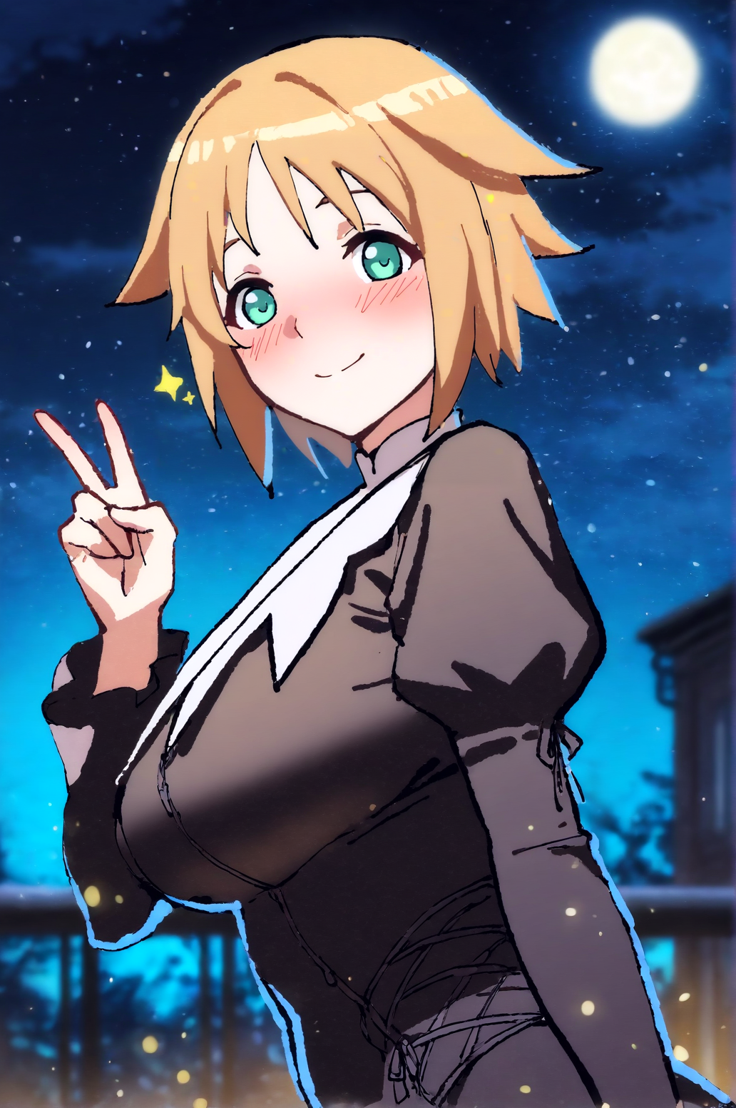 masterpiece, best quality,very aesthetic, absurdres, newest, year 2023, mature, seinen,  outdoors, night, moon, stars, soft particles,  Teresa Beria, Main Outfit, v sign, victory fingers, happy, blush,   <lora:JN_Teresa_Beria_Illus:0.8>