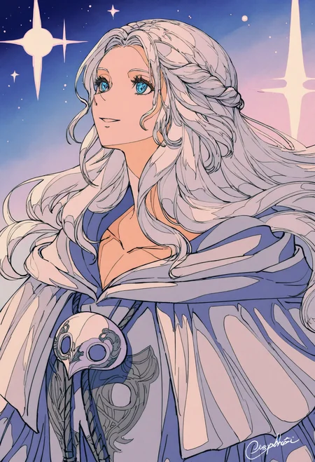 1girl, venat \(ff14\), final fantasy, final fantasy xiv,
abstract background, blue background, blue eyes, braid, capelet, collarbone, crystal, drawstring, half up braid, half updo, hood, hood down, hooded capelet, long hair, looking up, mask, mask around neck, robe, single braid, smile, solo, sophist's robe \(ff14\), star \(symbol\), unworn mask, upper body, wavy hair, white capelet, white hair, white robe, space, signature, parted lips, gradient background, looking afar, from side, artist name,
.
masterpiece, best quality, very aesthetic, absurdres
<lora:ç¦è¶forNoob:0.95>